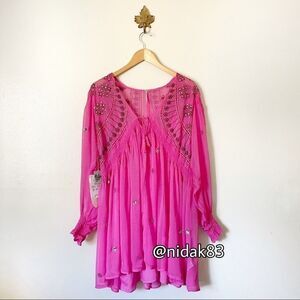 Free People Neon Moon Pink Embellished Babydoll Mini Dress NWT Boho SMALL